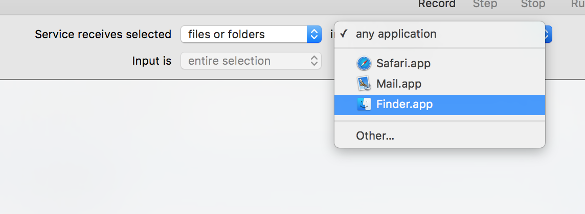 Set up the service to run on files and folers in Finder